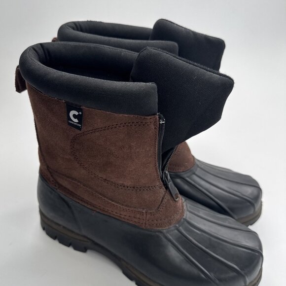 Mens Duck Boots 10 Brown Leather Rubber Mid Front Zip Padded Winter Comfortemp - Picture 1 of 12